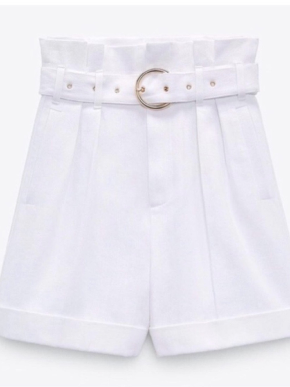 High-Waist Belted White Paperbag Shorts